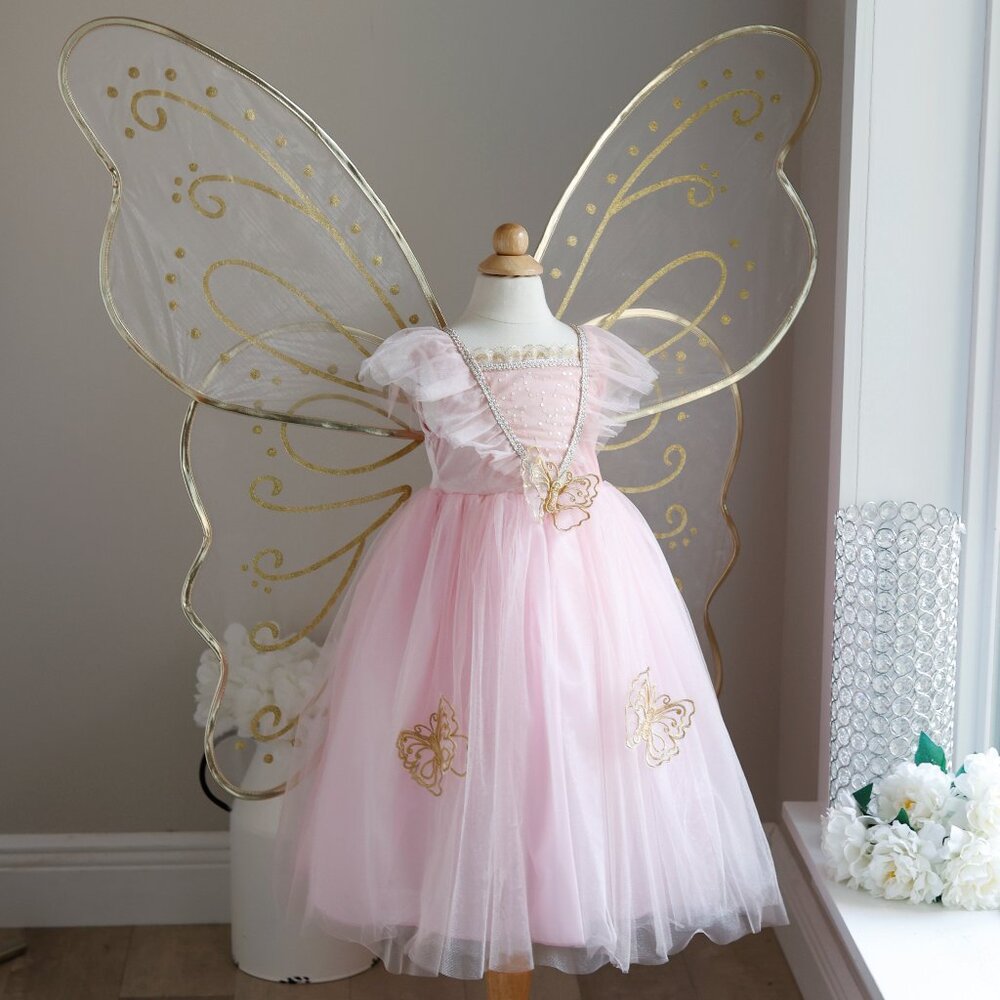 Pink Fairy Butterfly Dress Set w/ Wings Headband Wand Costume Portrait Party - Picture 2 of 9